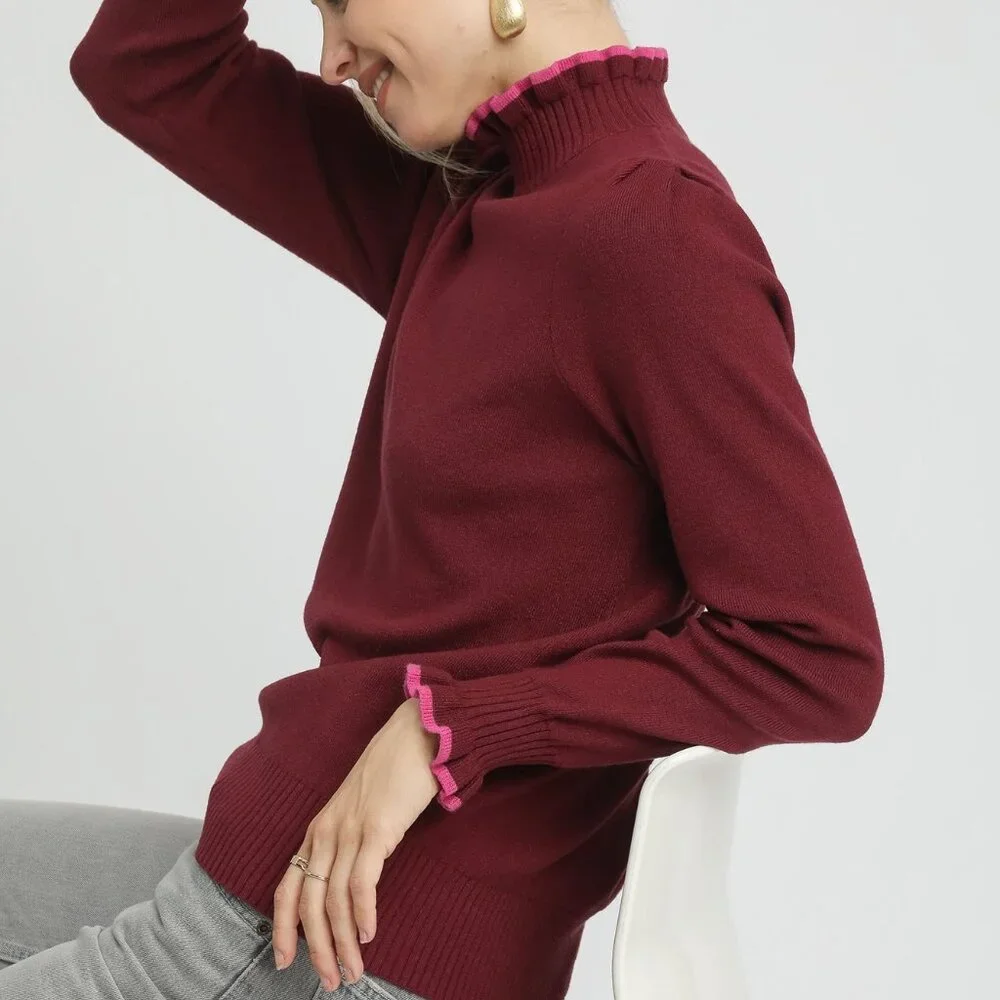 Umgee Ribbed Round Neck Sweater‎ with Ruffle Contrast Trim - Picture 4 of 6